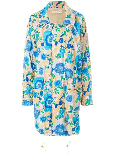 Marni Long-sleeve Quilted Floral-print Mid-calf Duster Jacket In Blue