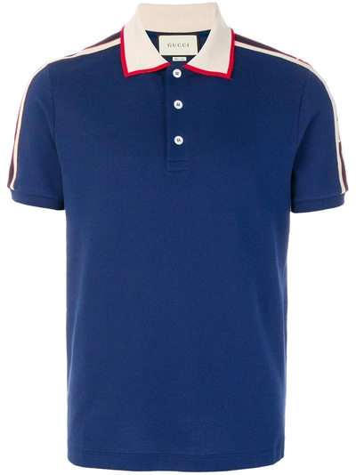 Gucci Slim-fit Webbing-trimmed Stretch-cotton Piqué Polo Shirt In Blue