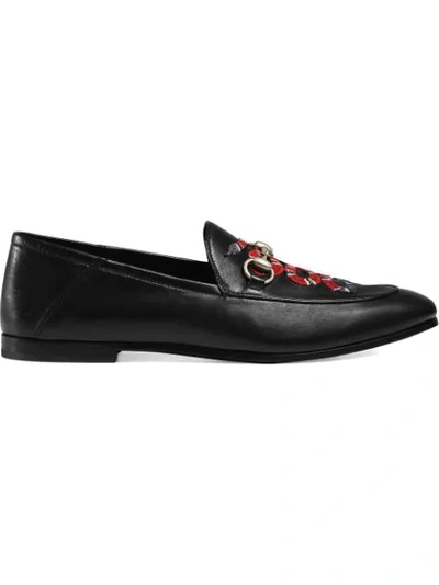 Gucci Brixton Kingsnake-embroidered Leather Loafers In Black