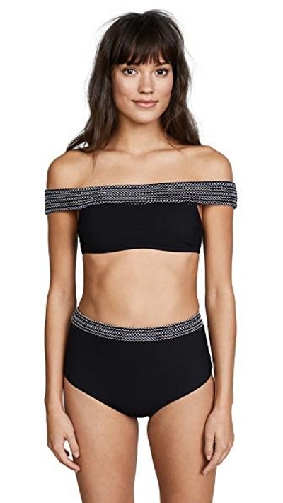Kisuii Mila Off-the-shoulder Swim Top With Topstitching In Black/blue/white