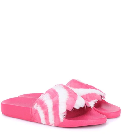 Valentino Garavani Striped Feather-embellished Slides In Bright Pink