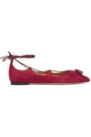 FERRAGAMO WOMAN BOW-EMBELLISHED LACE-UP SUEDE POINT-TOE FLATS BURGUNDY,US 2526016084591941