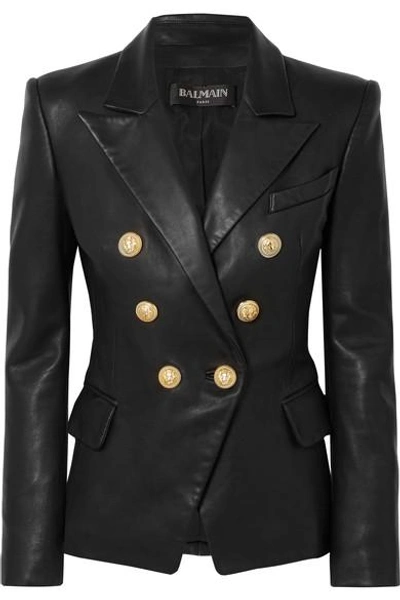 Balmain Black Double-breasted Jacket With Gold-colored Branded Buttons In Soft Leather Woman In Noir