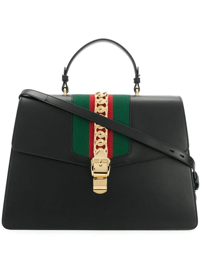Gucci Sylvie Large Chain-embellished Leather Tote In Green