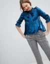 SISTER JANE SISTER JANE PUSSYBOW BLOUSE WITH RUFFLE SHOULDER IN METALLIC FABRIC-BLUE,BL688BLE
