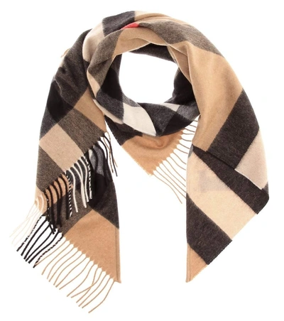 Burberry Cashmere Checkered Fringe Bandana Scarf In Camel