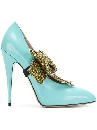 Gucci Elaisa Removable Crystal Bow & Leather Point Toe Pumps In Light Blue