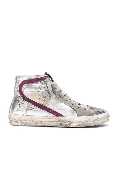 Golden Goose Slide Hi Top Glitter Tongue Leather Trainers In Metallic Silver