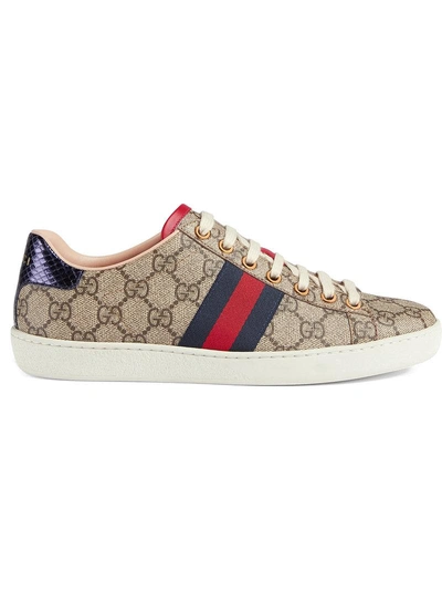Gucci Ace Gg Supreme Metallic Watersnake-trimmed Logo-print Coated-canvas Trainers In Blue