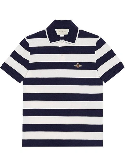 Gucci Striped Bee-embroidered Polo Shirt In Ink/white