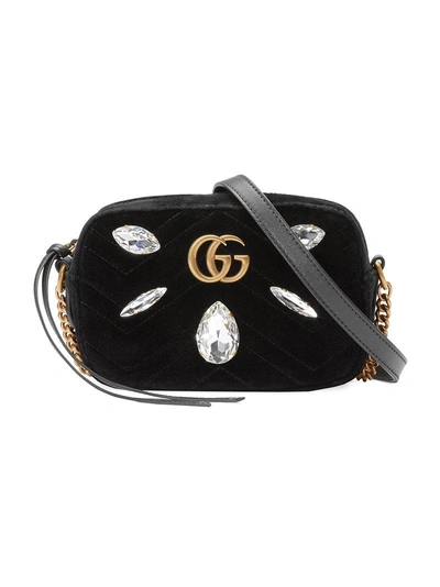 Gucci Gg Marmont Crystal Matelasse Quilted Velvet Crossbody Bag - Black
