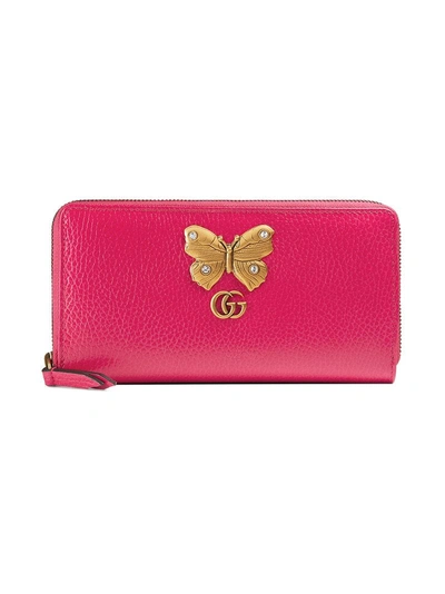 Gucci Leather Zip Around Wallet With Butterfly In Pink