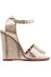 CHARLOTTE OLYMPIA WOMAN MISCHIEVOUS METALLIC TEXTURED-LEATHER WEDGE SANDALS GOLD,US 1071994536748027
