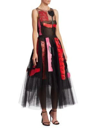 Oscar De La Renta Embroidered Leather And Tulle Cocktail Dress In Blk-red