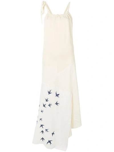 Jw Anderson Swallow-embroidered Contrast-panel Linen Dress In White