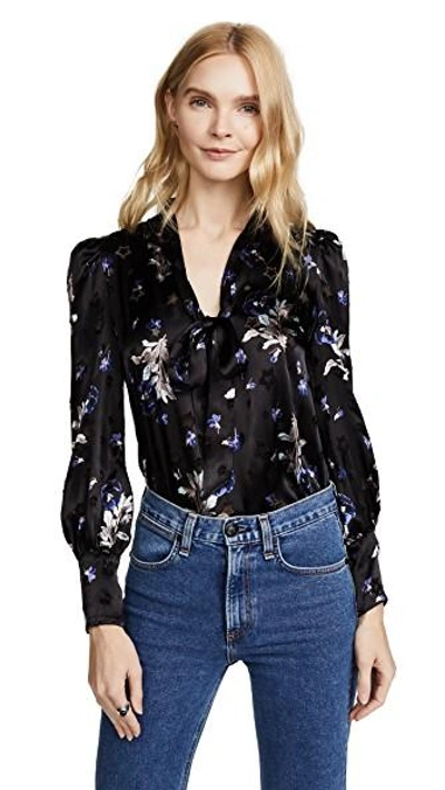 Rebecca Taylor Long Sleeve Violet Floral Top In Pearl Grey