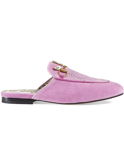Gucci Princetown 系列水晶装饰天鹅绒拖鞋 In Pink