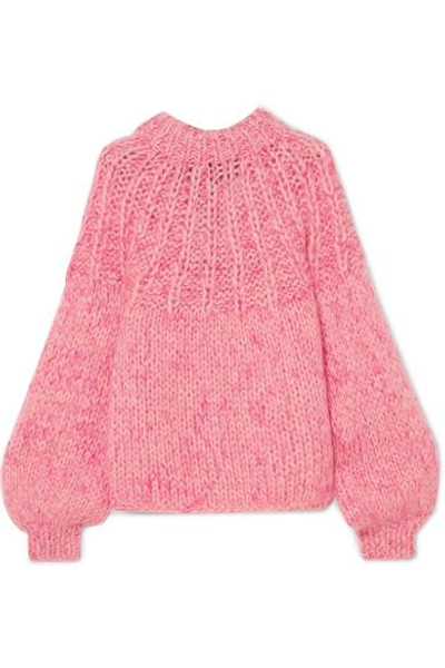Ganni Julliard Bow-embellished Mohair And Wool-blend Jumper In Pink