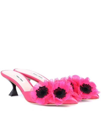 Miu Miu Floral-embellished Satin Mule Pump In Bright Pink