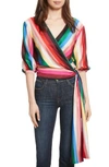 Alice And Olivia Dyanna Wrap Front Blouson Top In Rainbow Stripe