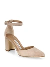 MANOLO BLAHNIK Lausam Suede Ankle-Strap Block Heel Sandals,0400094167474