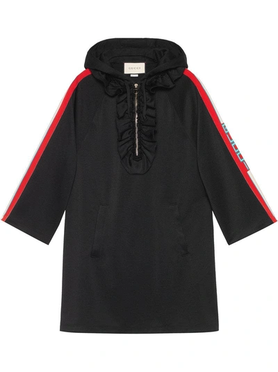 Gucci Hooded Jersey Dress W/ Logo Sleeve Bands In Black