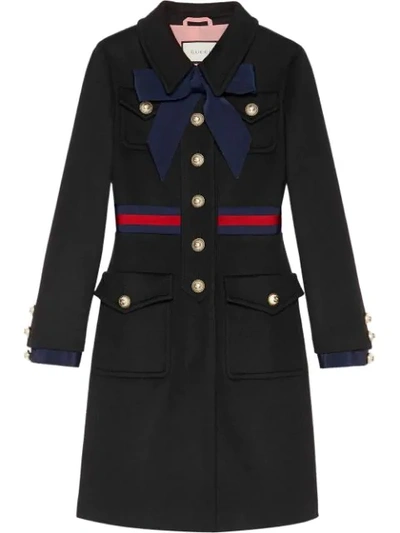 Gucci Black Wool Coat With Bow In Blue