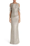 Talbot Runhof Ponceau Metallic Cold-shoulder Gown In Gold