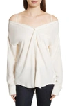 Theory Tamalee Off-the-shoulder Silk Blouse In Pink