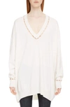 Givenchy Oversized V-neck Wool-cashmere Sweater W/ Pearlescent Trim In Off White