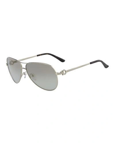 Ferragamo Men's Signature Metal Aviator Sunglasses In Gold/green