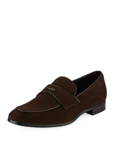 Prada Suede Vitello Loafer In Brown