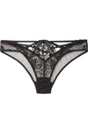 AGENT PROVOCATEUR ESSIE SATIN-TRIMMED LEAVERS LACE AND STRETCH-TULLE BRIEFS