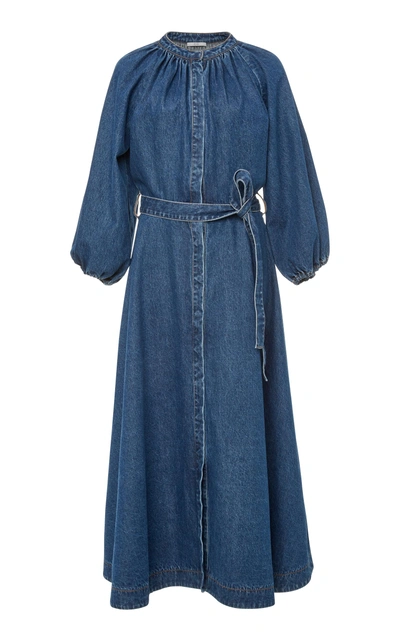 Co Pouf-sleeve Self-tie Denim Long Dress In Mid Denim