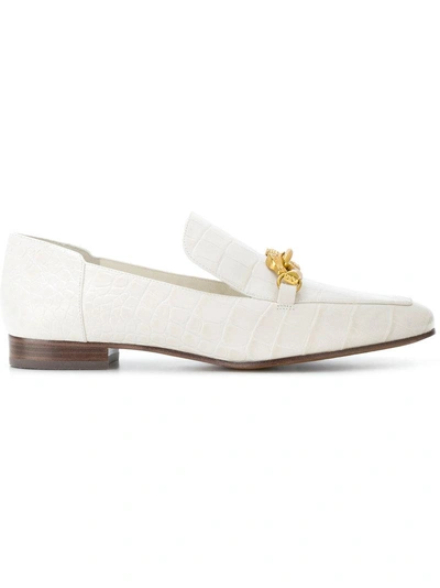 Tory Burch Jessa White Croco Embossed Leather Loafers W-goldtone Horse Hardware In Ivory