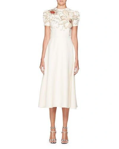 Valentino High-neck Short-sleeve Crepe Dress W/ Embroidery In Ivory