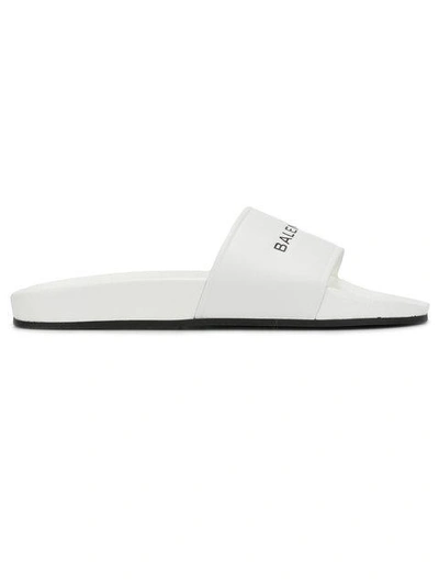 Balenciaga Logo-print Leather Slides In White