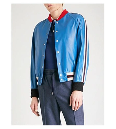 Gucci Patch-appliquéd Leather Bomber Jacket In Blue