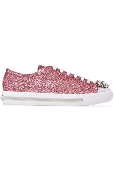 Miu Miu Crystal-embellished Glittered Leather Trainers In Pink