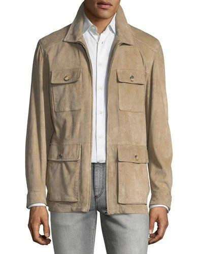 Isaia Suede Field Jacket In Tan