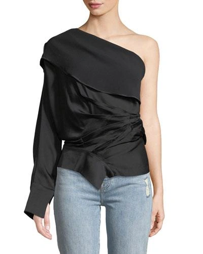 A.w.a.k.e. Twisted One-shoulder Satin Top In Black