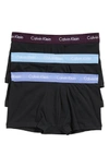 Calvin Klein 3-pack Stretch Cotton Low Rise Trunks In Black W/ Blue Multi Wb