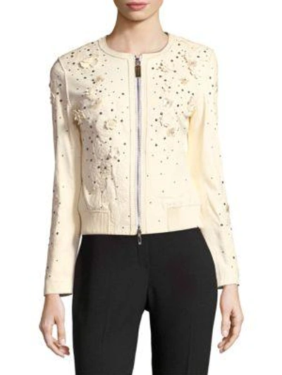Elie Tahari Glenna Studded Flower Applique Leather Jacket In Optic White