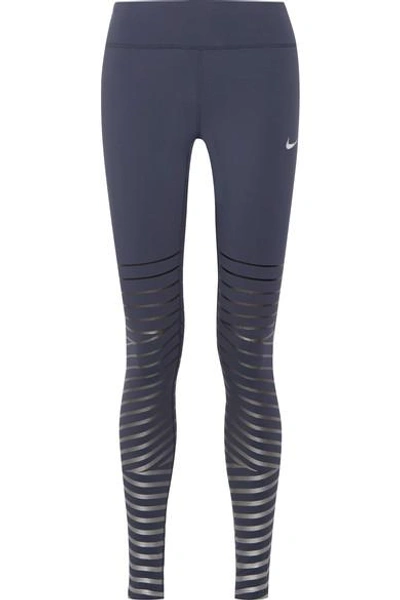 Nike Power Epic Lux Metallic Striped Dri-fit Stretch Leggings In Thunder Blue/black
