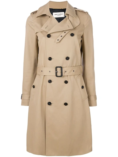 Saint Laurent Belted Classic Trench Coat In Neutrals