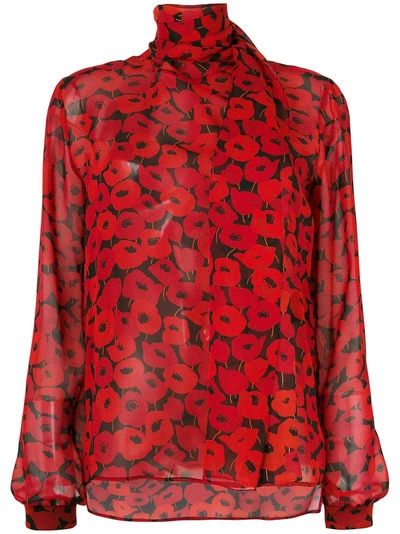 Saint Laurent Floral-printed Silk Top In Nero-rosso