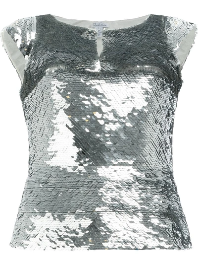 Oscar De La Renta V Neck Sequin Embellished Top In Silver