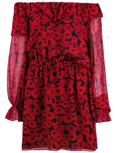 Saint Laurent One-shoulder Floral-print Silk-georgette Mini Dress In Red