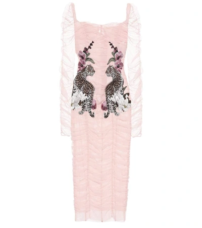 Dolce & Gabbana Long-sleeve Ruched Tulle Cocktail Dress W/ Leopard Rose Applique In Pink