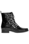 ALEXANDER MCQUEEN WOMAN STUDDED GLOSSED-LEATHER ANKLE BOOTS BLACK,US 1071994536762521